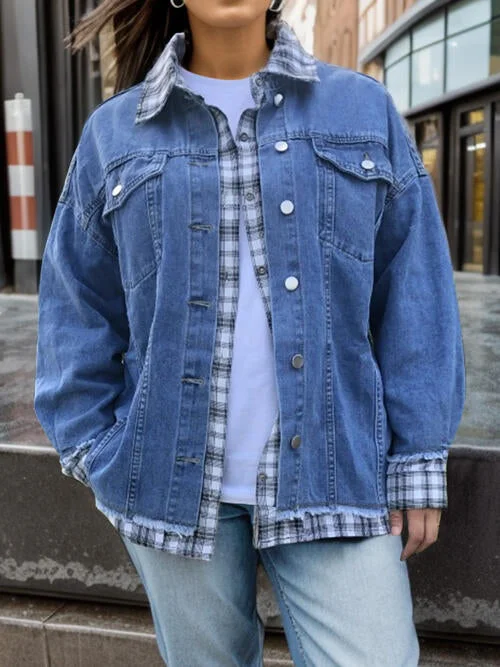 Patchwork Denim Top with a Unique and Artistic AppealPlus Size Plaid Collared Neck Raw Hem Denim Jacket