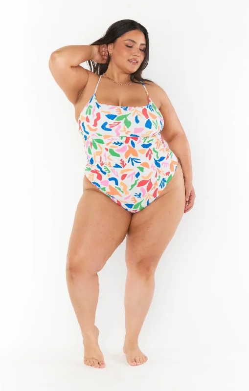 Plus size swimwear with slimming patternsPositano One Piece ~ Primary Paradise Scrunch