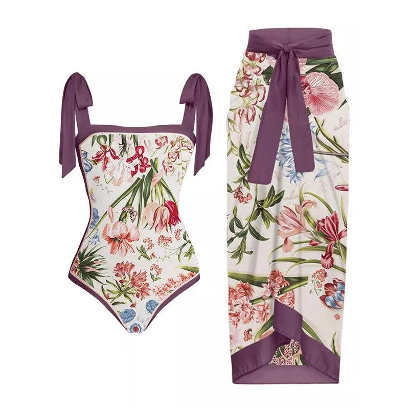 Plus Size Women's Boho - Style One - Pieces in Multicolor with Tassels for a Festival VibeRetro One-Piece Swimsuit with Skirt