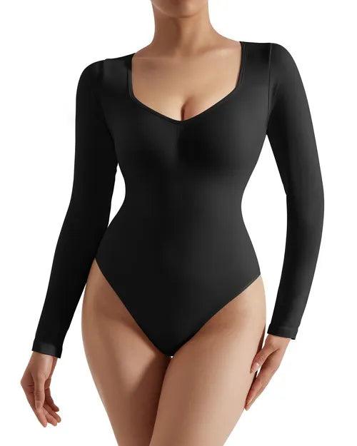 Mesh Bodysuits for a Bold and Edgy Fashion StatementRibbed V Neck Bodysuit - Long Sleeve
