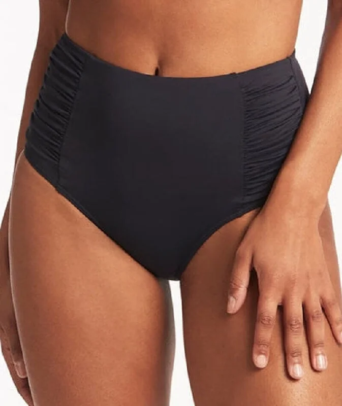 Tropical - themed bikini for a vacation - ready beach outfitSea Level Eco Essentials Gathered Side High Waist Bikini Brief - Sky Night Navy Tropical - themed bikini for a vacation - ready beach outfitSea Level Eco Essentials Gathered Side High Waist Bikini Brief - Sky Night Navy