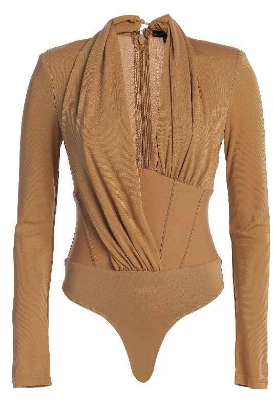 Cut - Out Bodysuits for a Trendy and Fashion - Forward StyleTan Drape Corset Bodysuit