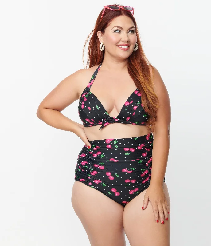 Plus size ruched swimsuits for a slimming effectUnique Vintage Plus Size Black & Hot Pink Cherry Pin Dot Monroe Swim Top