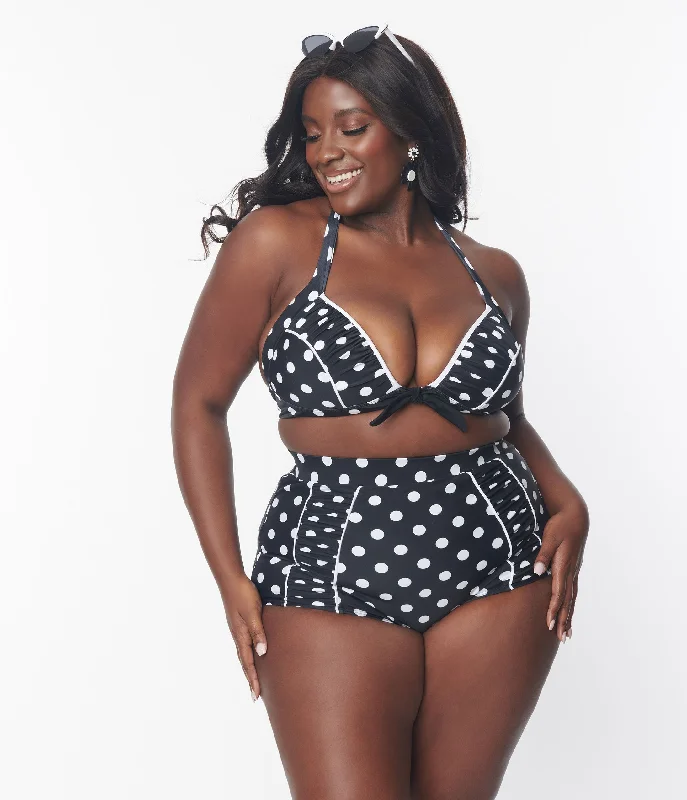 Plus size modest swimwear for religious preferencesUnique Vintage Plus Size Black & White Polka Dot Ruched Swim Bottom