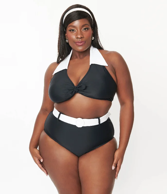 Plus size halter neck swimsuits for large bustsUnique Vintage Plus Size Black & White Belted Swim Bottoms
