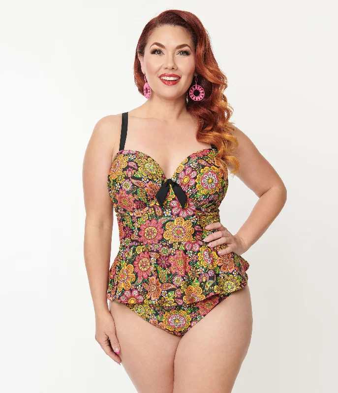 Plus size swimsuits for tropical getawaysUnique Vintage Plus Size 1960s Kaleidoscope Floral Solana Tankini Swim Top