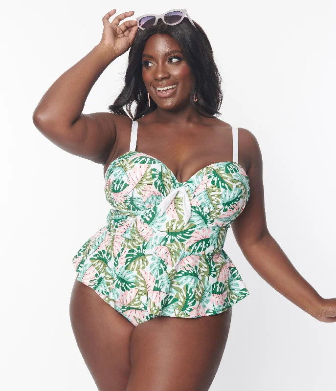 Plus size swimsuits with bust support for larger cup sizesUnique Vintage Plus Size Green Monstera Print Solana Tankini Swim Top