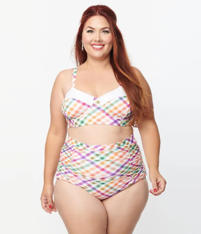 Plus size athletic swimwear for lap swimmingUnique Vintage Plus Size Pastel Madras Gingham Marlene Crop Swim Top