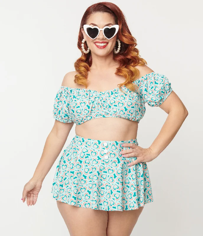 Plus size swimsuits with adjustable strapsUnique Vintage Plus Size 1940s Turquoise Retro Hearts Off The Shoulder Swim Top