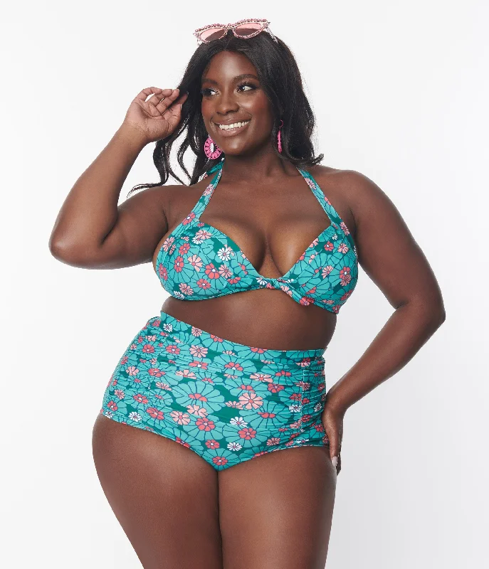Plus size ruched swimsuits for a slimming effectUnique Vintage Plus Size Teal Flower Child Monroe Halter Swim Top