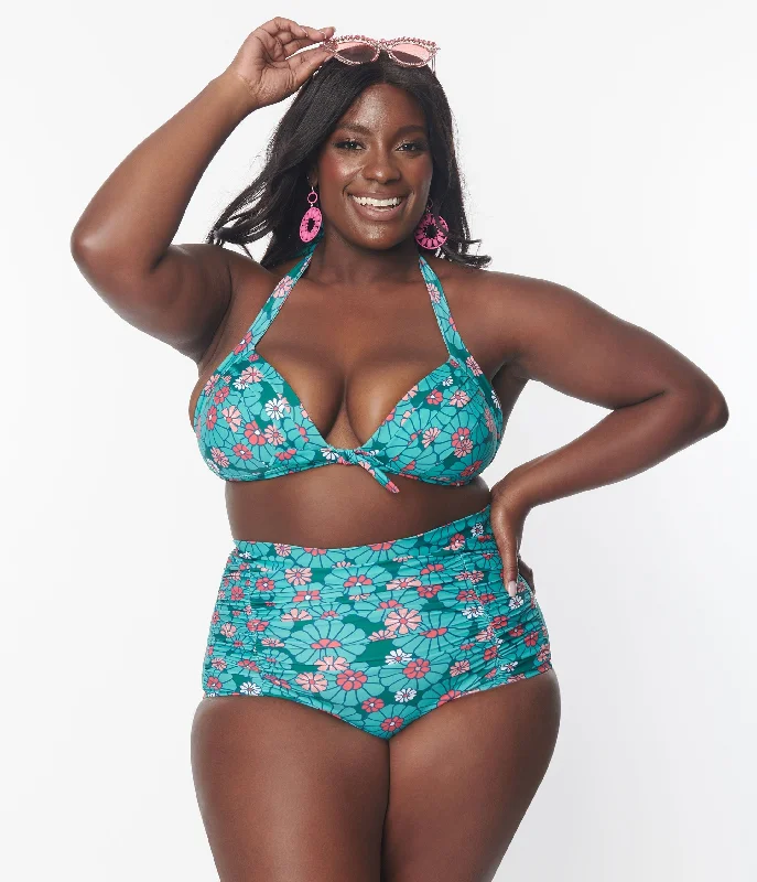 Plus size convertible swimsuits for versatile stylingUnique Vintage Plus Size Teal Flower Child Monroe Swim Bottom