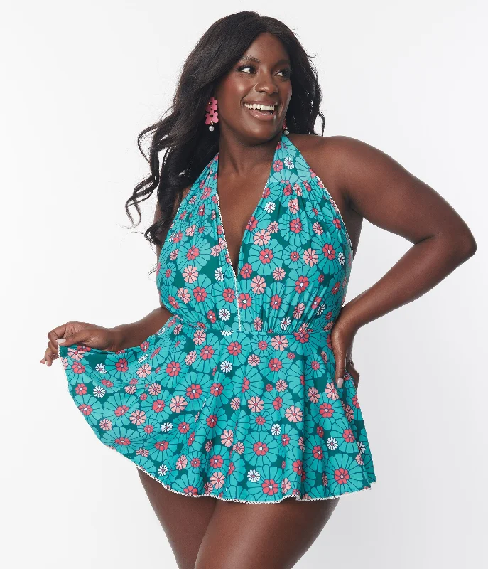 Plus size swimsuits with ombre designsUnique Vintage Plus Size Teal Flower Child Skirted Wendy Swimsuit