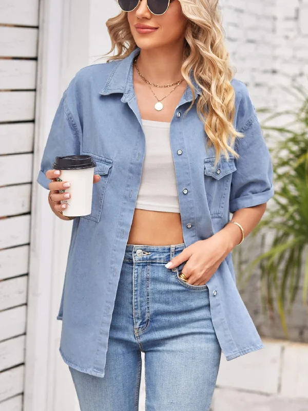 Denim Top for a Beachside Picnic with a Laid - Back StyleCollared Neck Short Sleeve Denim Jacket