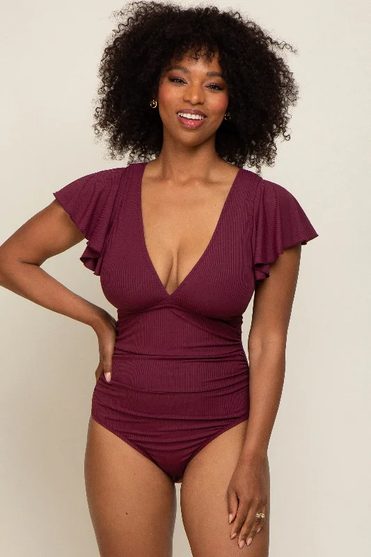 Women's Long - Length One - Pieces in Gray with Asymmetric Hem for a Contemporary and Fashionable LookPlum Deep V-Neck Flounce One Piece Swimsuit