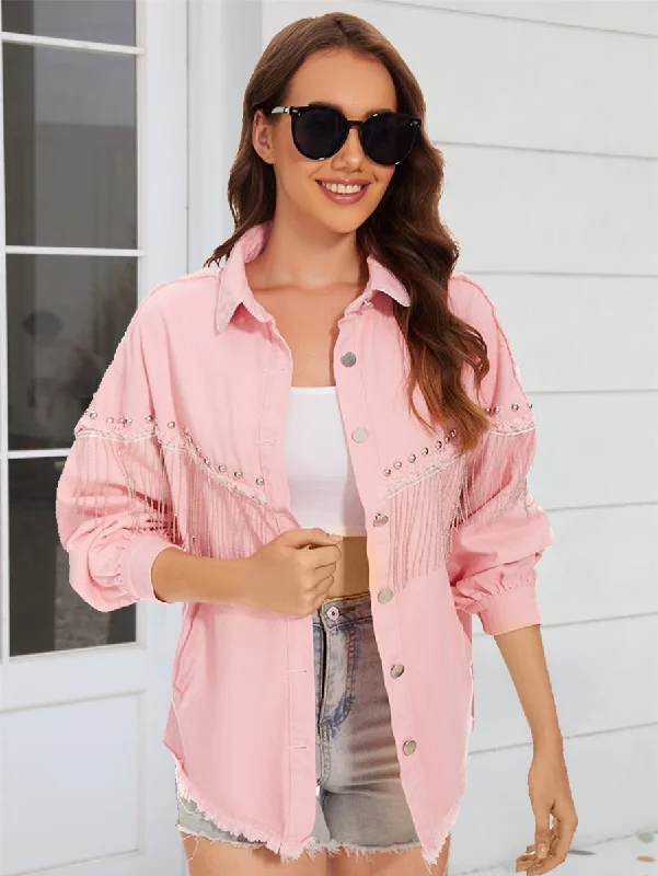 Denim Top with a Collared Neckline for a Preppy StyleRaw Hem Fringe Detail Denim Jacket